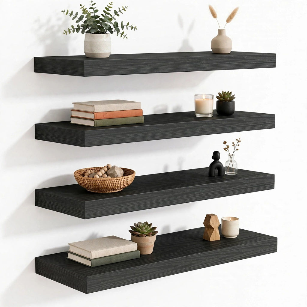 Floating Shelves Set of 4, 15.8 Inch Black Wall Mounted Shelves, Embossed Wood Grain MDF Wall Shelf with Iron Brackets for Home Décor Display
