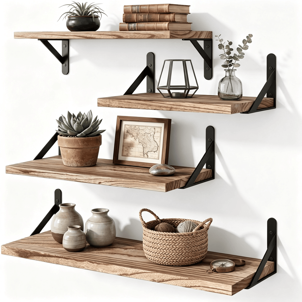 Floating Shelves Wall Mounted Set of 4, Rustic Paulownia Wood Wall Shelves with Black Metal Brackets, Torched Wood Storage Shelf for Bedroom Living Room Bathroom Kitchen, Includes Level & Screwdriver