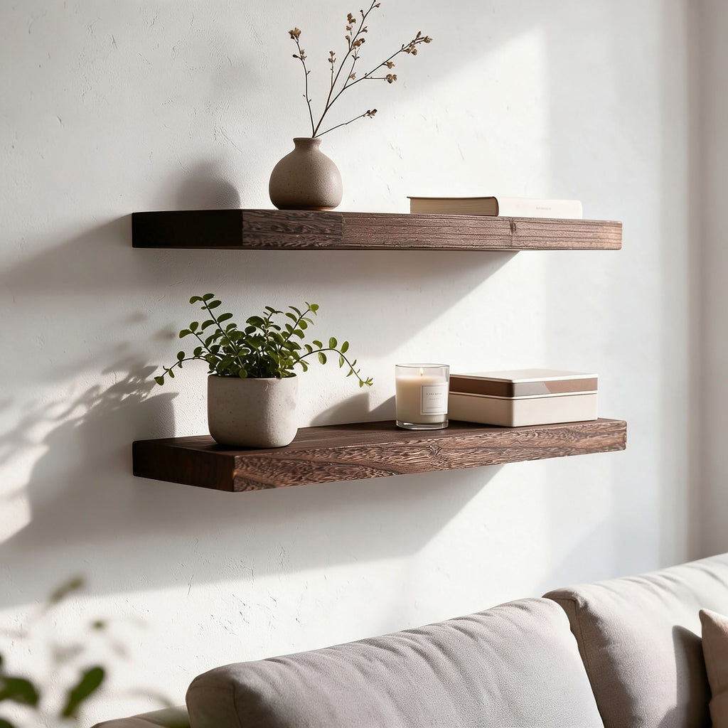 Floating Solid Wood Wall Shelves, Rustic Dark Wood Floating Shelves for Wall Mount, Decorative Display Shelf for Living Room, Bedroom