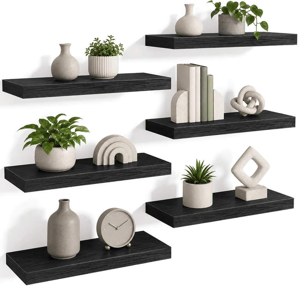 Floating Wall Shelves Set of 6, Black Wood Grain Wall Mounted Shelf with Metal Bracket, 15.7 x 5.5 x 1.2 Inch Storage Shelves for Bedroom Living Room Office Bathroom, Holds Up to 20 lbs