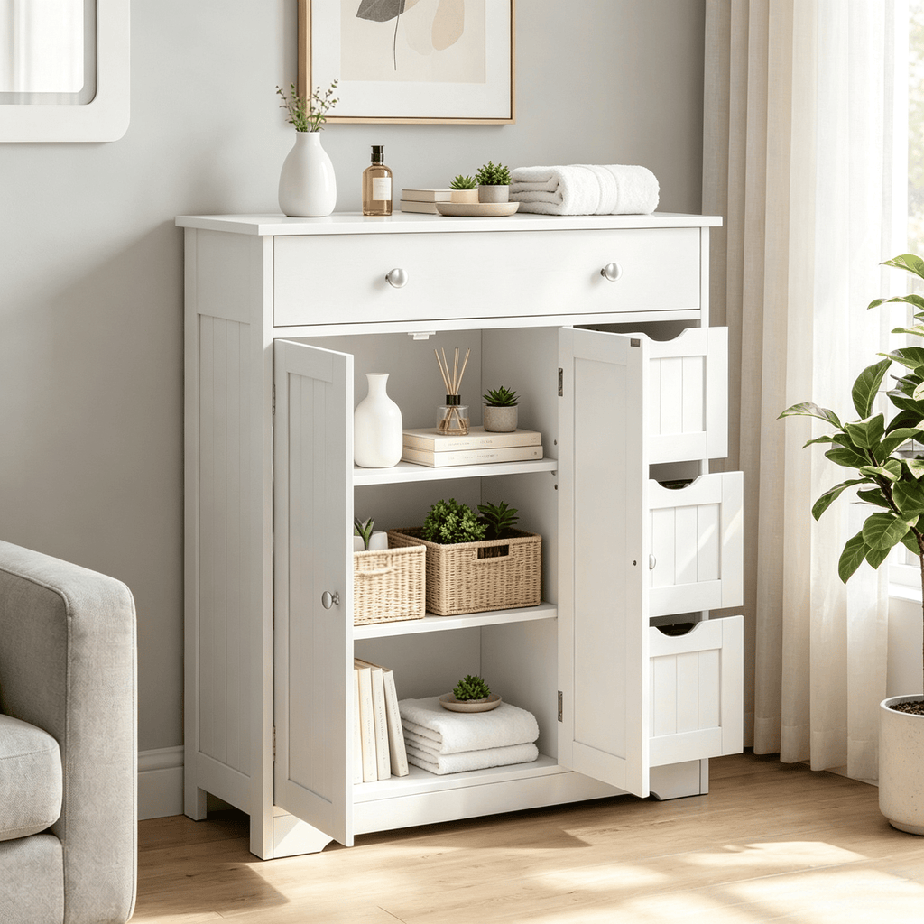 Floor Cabinet 4 Drawers 2 Doors with Adjustable Shelf Storage Organizer for Bathrooms