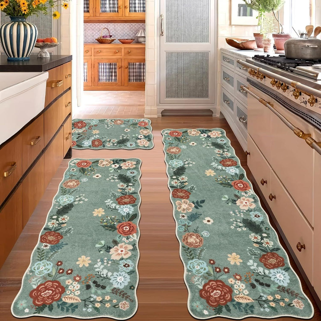 Floral Kitchen Rugs Mats for Floor 3PC, Farmhouse Non Slip Kitchen Rug Runner, Washable Non Skid Kitchen Rugs, Comfort Standing Mat for Laundry, Desk, Bar, Office