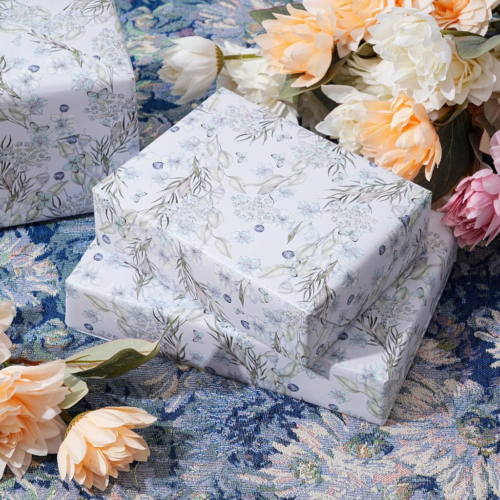 Floral Wrapping Paper Roll - Light Blue Watercolor Flowers and Butterfly Design, 17 Inches x 16.5 Feet, Gift Wrap for Wedding, Bridal Shower, Birthday, with Cut Lines on Back