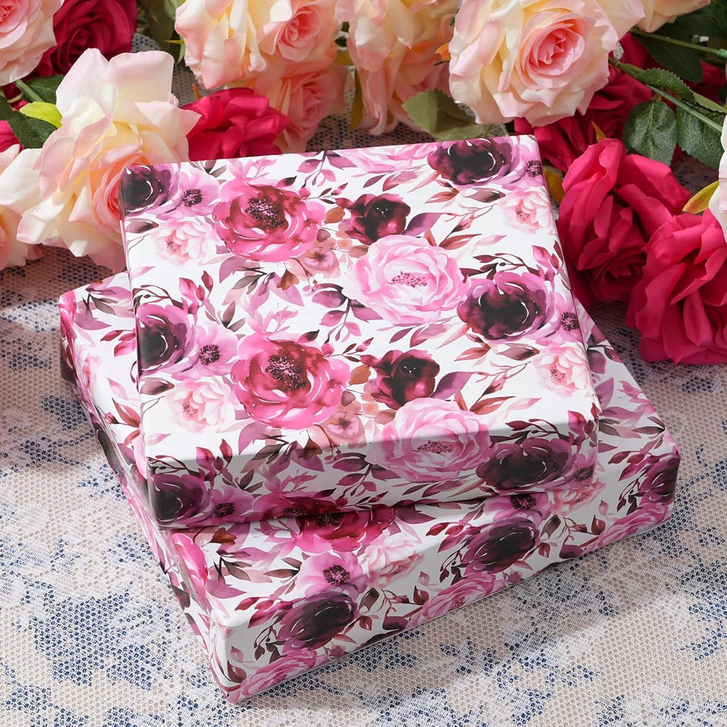Floral Wrapping Paper Roll - Purple Rose Design, 17 Inches x 16.5 Feet, Gift Wrap for Wedding, Bridal Shower, Birthday, Mother's Day,Anniversary, Cut Lines on Back