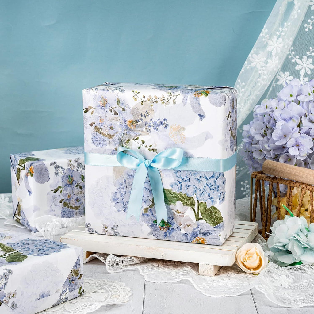 Floral Wrapping Paper Roll, Blue Hydrangea Flowers Party Gift Wrap for Wedding, Bridal Shower, Baby Shower, Anniversary, Mother's Day, Birthday, 17 inches x 16.4 Feet (23.2 sq.ft.)