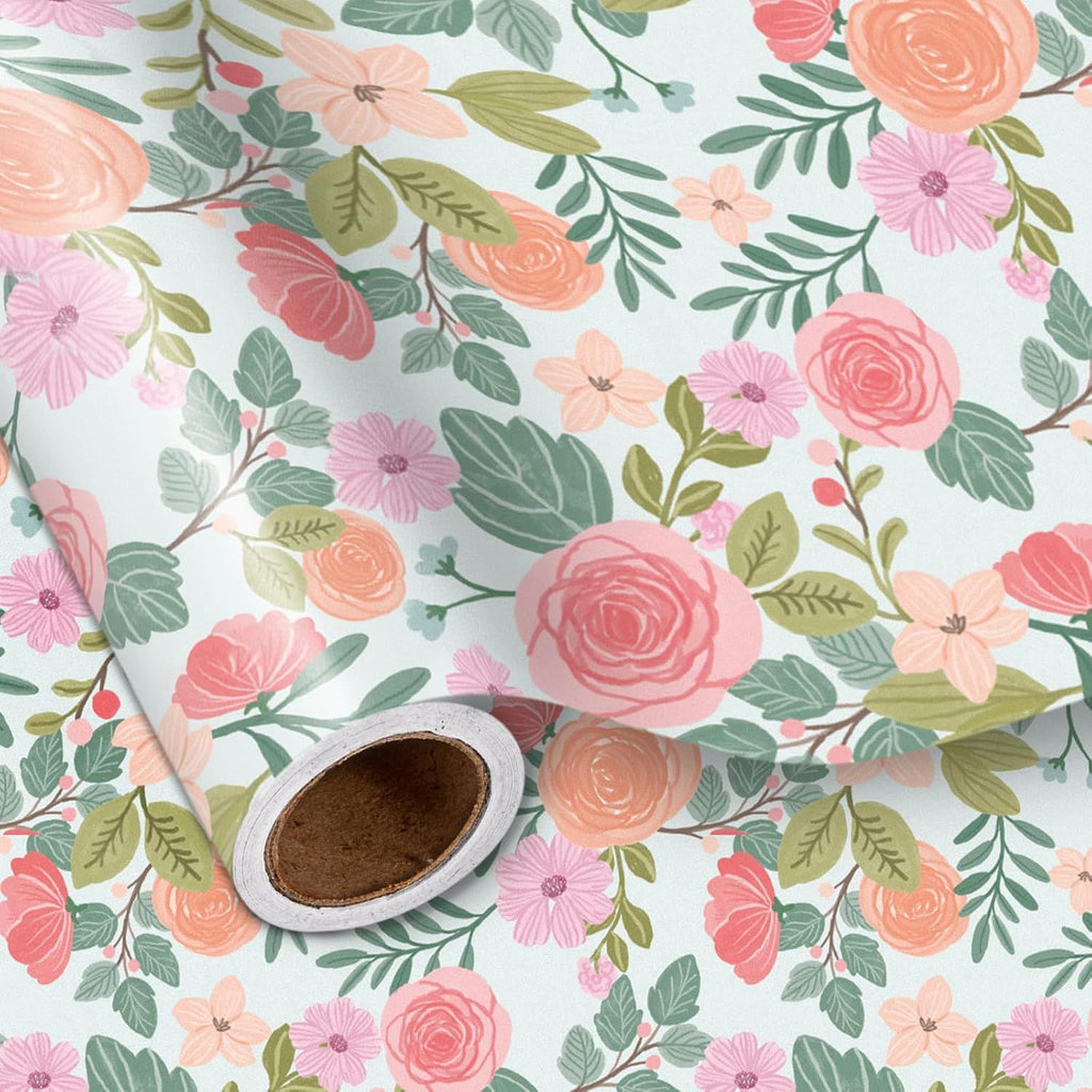 Floral Wrapping Paper Roll, Pink Rose, Flowers & Green Leaves Party Gift Wrap for Wedding, Bridal Shower, Anniversary, Mother's Day, Birthday, 17 inches x 16.4 Feet (23.2 sq.ft.)