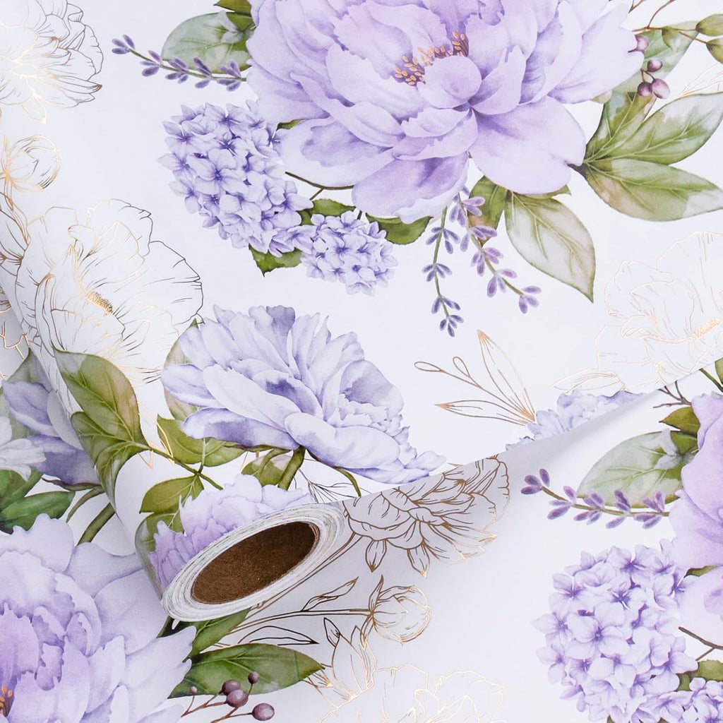 Floral Wrapping Paper Roll, Purple Peonies with Gold Foil Floral Outline Party Gift Wrap for Wedding, Bridal Shower, Anniversary, Mother's Day, Birthday, 17 inches x 16.4 Feet (23.2 sq.ft.)