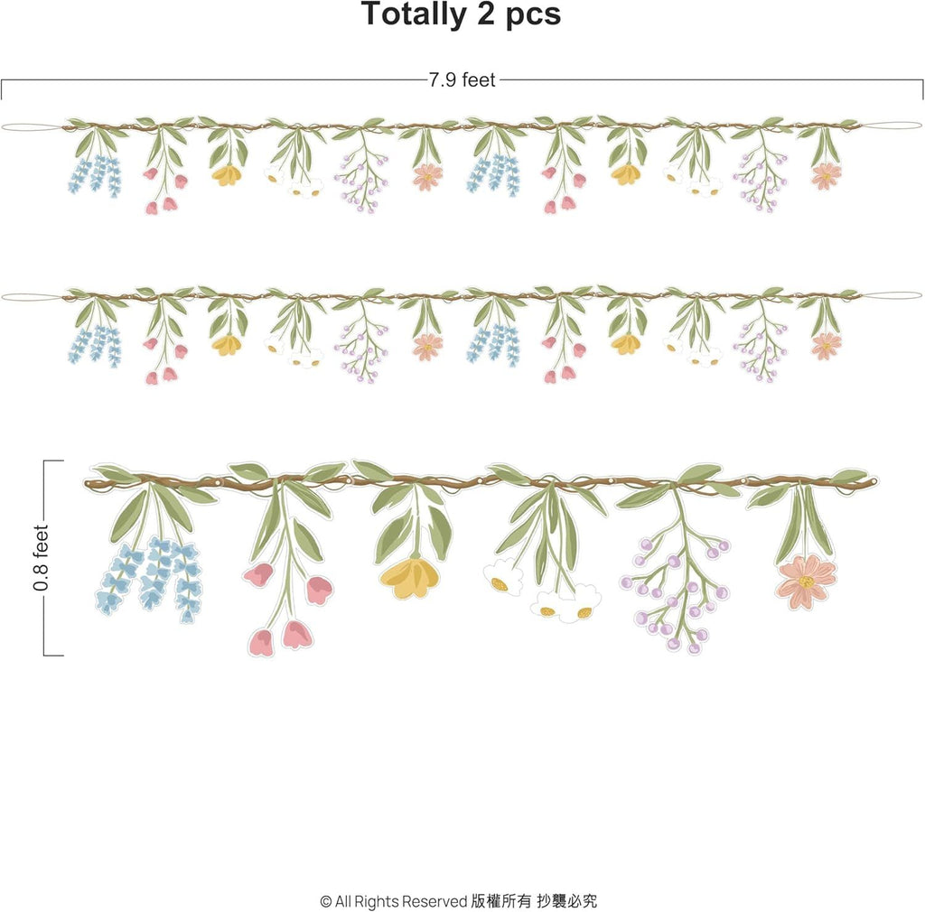 Flower Banner Wildflower Garland for Enchanted Garden Party Woodland Theme Picnic Wedding Baby Shower Bloom Birthday Fairy Tale Tea Party Supplies Girl Party Decorations 2pcs