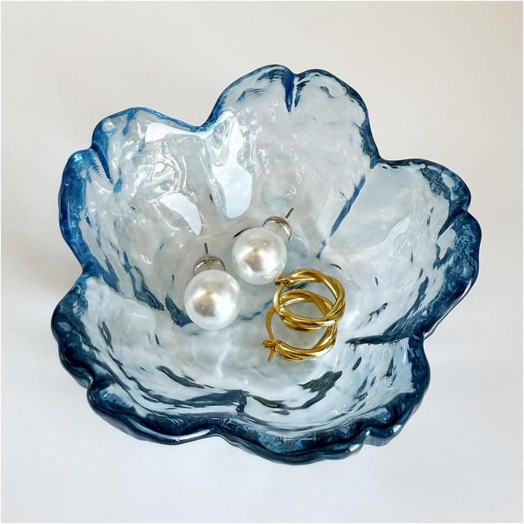 Flower Jewelry Dish, Ring Dish Tray,Decorative Cute Blue Glass Trinket Dish,Gift Ideas for Women,Small Gifts for Girlfriend Wife, Ring Holder, Earrings Dishs,Key Plate,Birthday Gift for Her