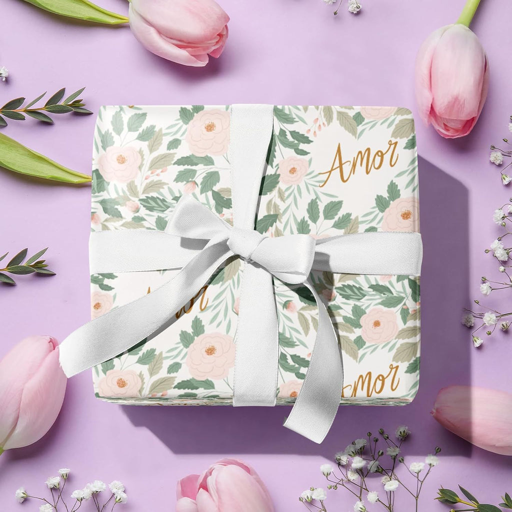 Flower & Love Wrapping Paper Roll, Amor (love in Spanish) Text & Floral Rose Design Gift Wrap for Mother's Day, Wedding, Anniversary, Valentine'S Day, Mini Roll, 17 inches x 16.4 Feet