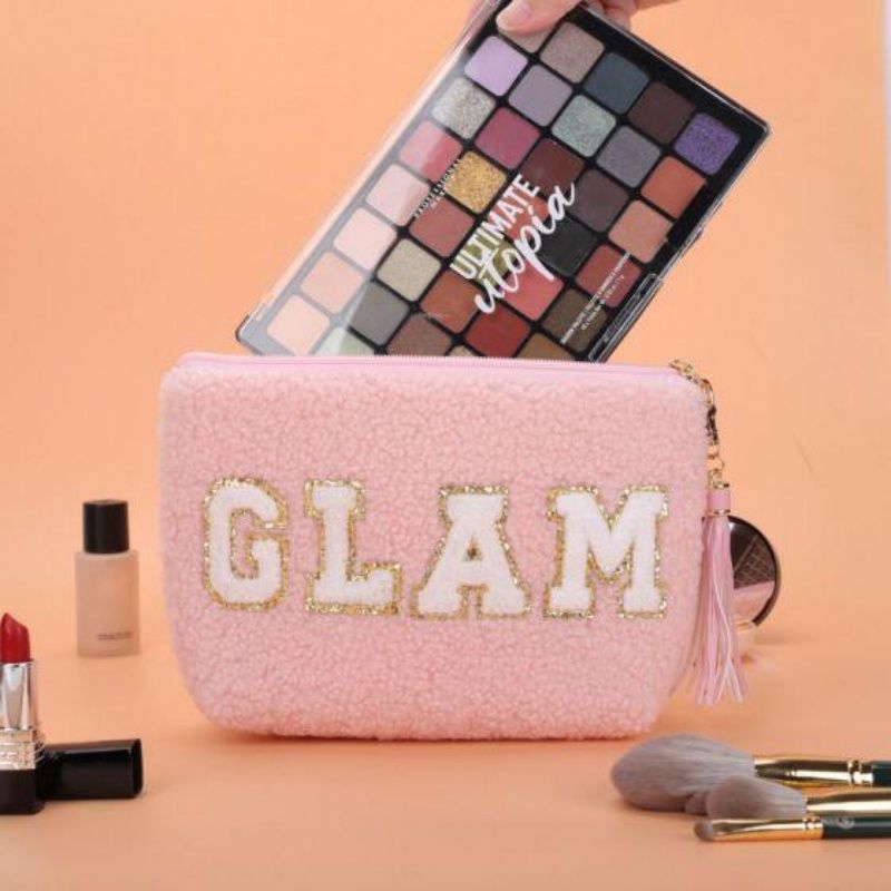 Fluffy Teddy Fleece GLAM Cosmetic Bag, Glitter Chenille Letter Makeup Pouch with Tassel Zipper, Cute Soft Travel Toiletry Organizer Bag for Women