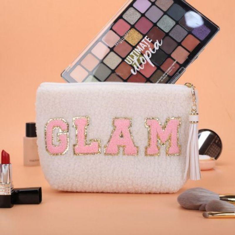 Fluffy Teddy Fleece GLAM Cosmetic Bag, Glitter Chenille Letter Makeup Pouch with Tassel Zipper, Cute Soft Travel Toiletry Organizer Bag for Women