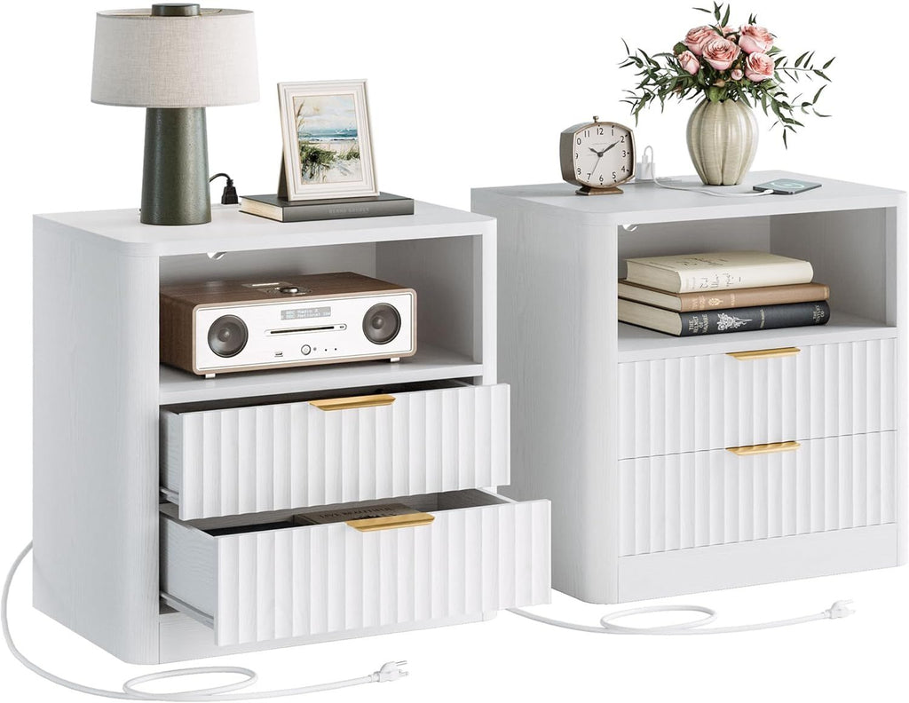 Fluted Night Stand Set of 2, Modern Nightstand with Charging Station, Drawers and Open Shelves - Bedside Table Wood Side Table Set for Bedroom, White
