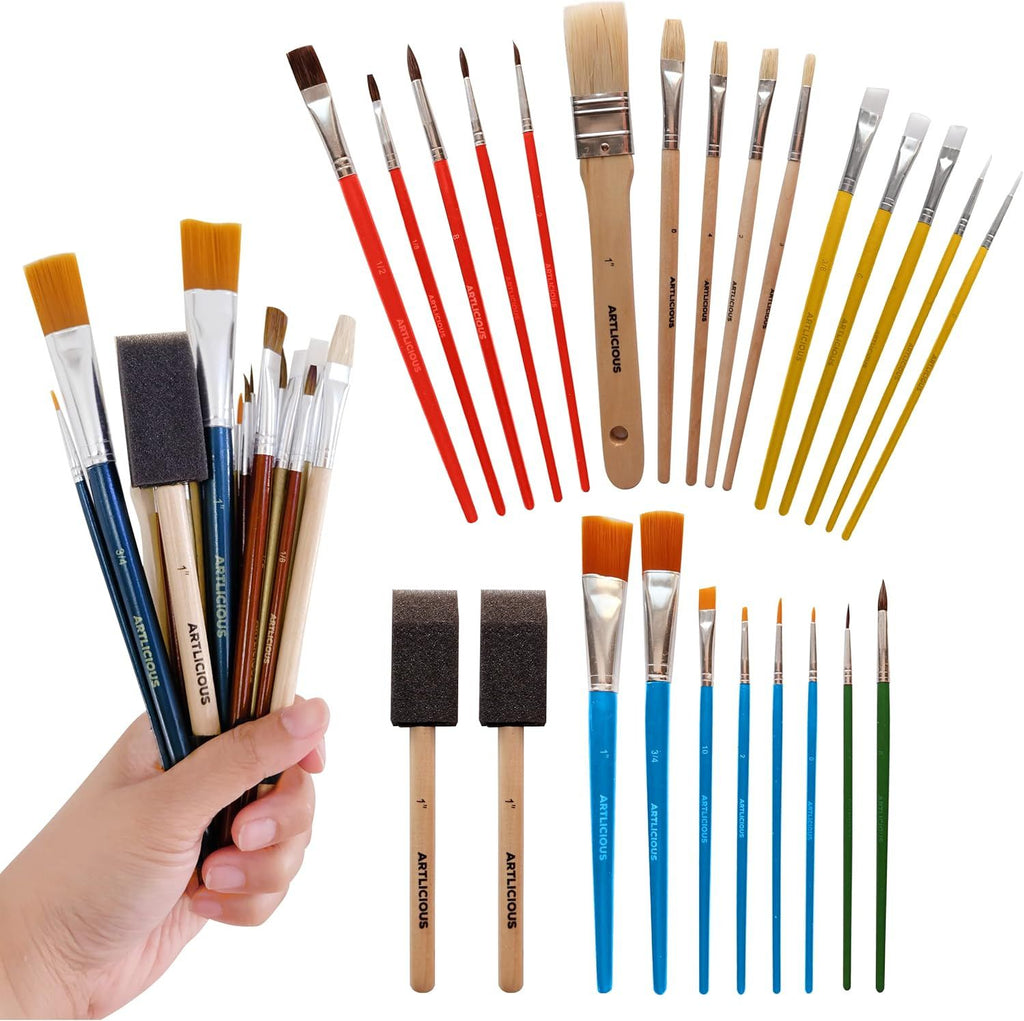 Foam Brushes Wood Handle Paint Brush Set - Use with Craft, Watercolor, Oil, Gouache Paints, Face Art, Washable Paints, Miniature Detailing and Rock Painting