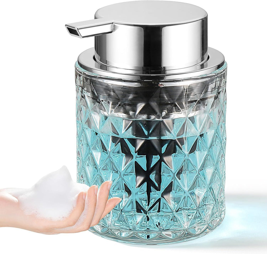 Foaming Soap Dispenser, Clear Glass Foam Hand Soap Dispenser for Bathroom, Refillable 7.8 Oz Foamy Pump Bottle with Plastic Sliver Pump, Modern Diamond Dish Soap Foam Dispenser Container