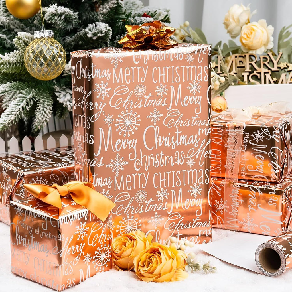 Foil Christmas Wrapping Paper - 17 Inch X 33 Feet - Girly Rose Gold MERRY CHRISTMAS Script and Snowflake Girl Winter Gift Wrap Present Paper Roll for Christmas, Holiday, Festive Decoration