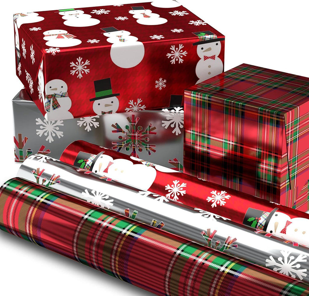 Foil Christmas Wrapping Paper with Cut Lines on Reverse (3 Rolls: 60 sq. ft. ttl) Plaid Snowflakes, Snowmen, Red, Green and Blue PlaidWrapping PaperWrapping Paper