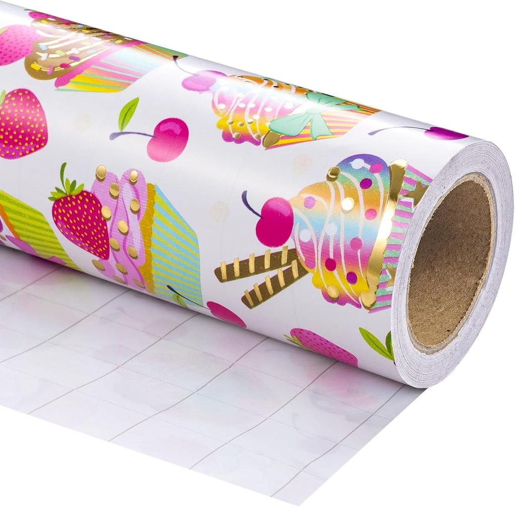 Foil Wrapping Paper - Mini Roll - 17 Inch x 16.5 Feet - Gold Foil Cupcakes Birthday Wrapping Paper for Kids Girls, Baby Showers, Weddings