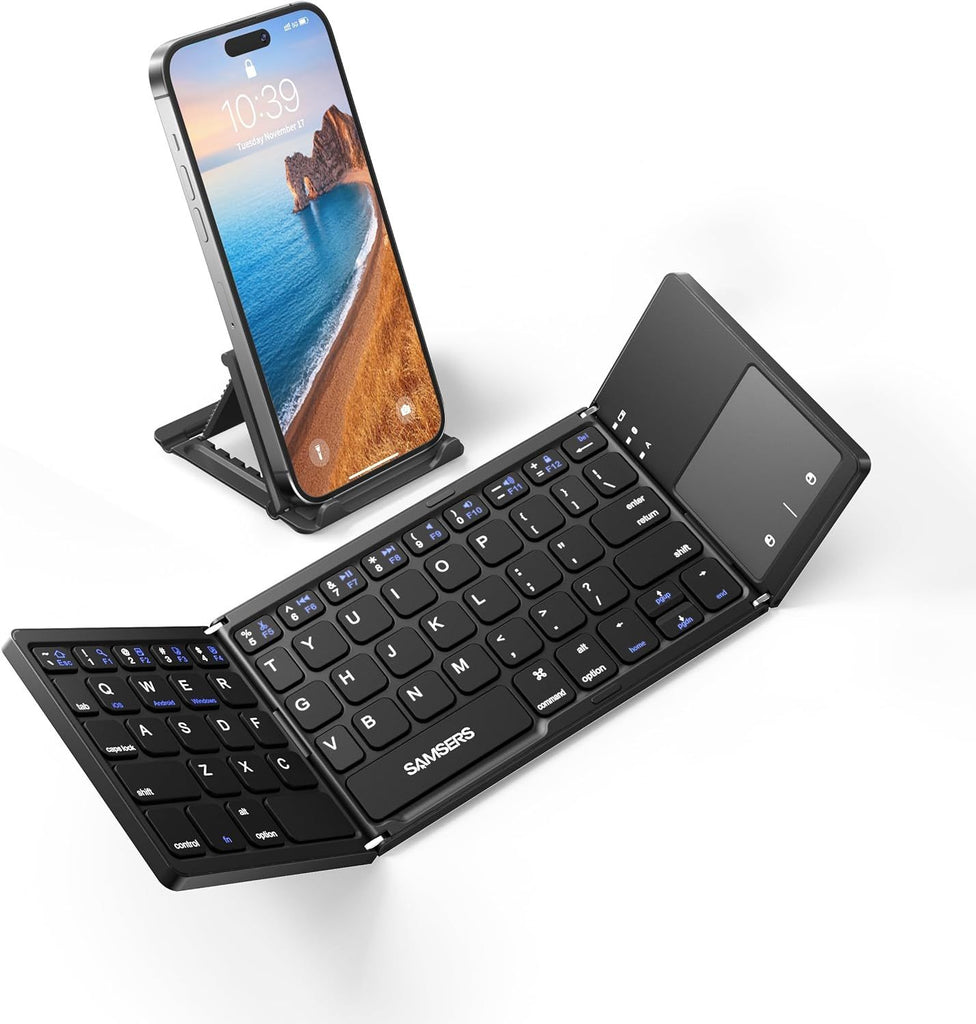 Foldable Bluetooth Keyboard with Touchpad - Portable Wireless Keyboard with Holder, Rechargeable Full Size Ultra Slim Pocket Folding Keyboards for Android Windows iOS Tablet & Laptop - Black