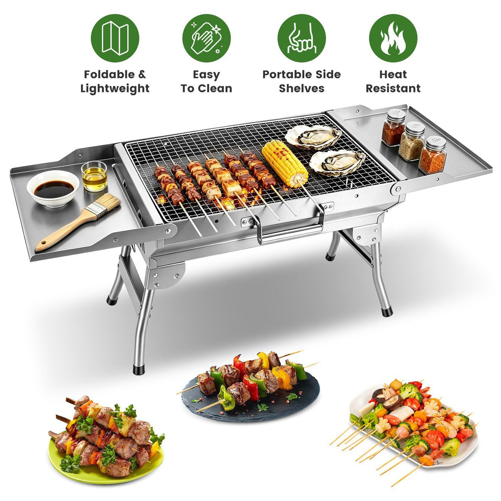 Foldable Charcoal Grill Portable BBQ Grill with Storage Shelf, Carry Handle, Air Vent Design, Chrome-Plated Grill Grate, 10 Skewers, Outdoor Barbecue Grill for Camping Picnic Backyard Travel