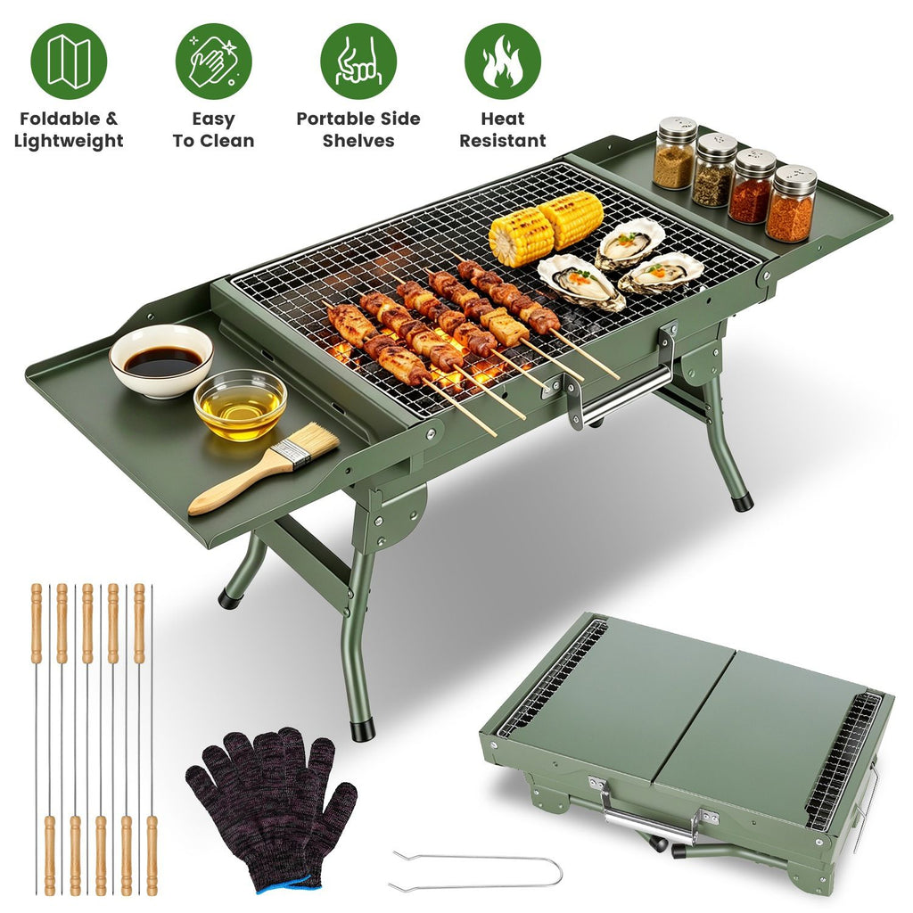 Foldable Charcoal Grill Portable BBQ Grill with Storage Shelf, Carry Handle, Air Vent Design, Chrome-Plated Grill Grate, 10 Skewers, Outdoor Barbecue Grill for Camping Picnic Backyard Travel