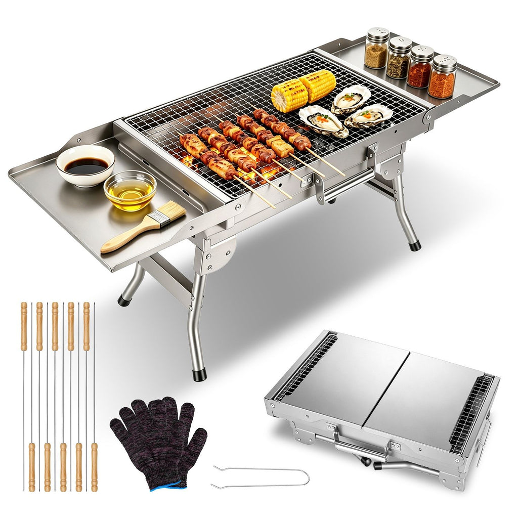 Foldable Charcoal Grill Portable BBQ Grill with Storage Shelf, Carry Handle, Air Vent Design, Chrome-Plated Grill Grate, 10 Skewers, Outdoor Barbecue