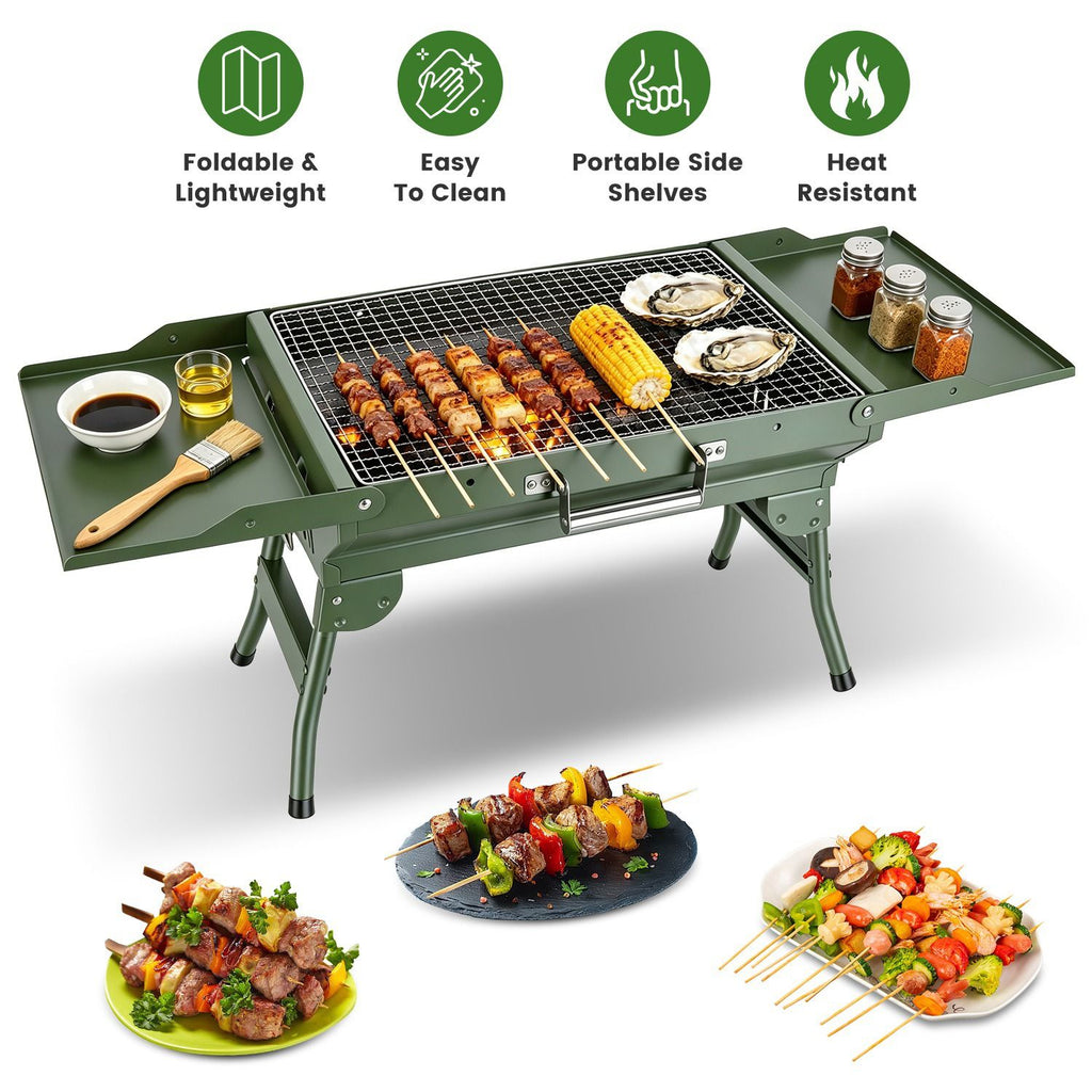 Foldable Charcoal Grill Portable BBQ Grill with Storage Shelf, Carry Handle, Air Vent Design, Chrome-Plated Grill Grate, 10 Skewers, Outdoor Barbecue