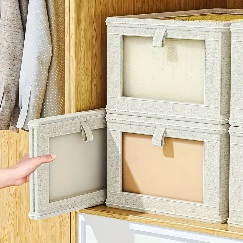 Foldable Clothes Storage Box with Viewing Window - Heavy-Duty Organizer Box, Stackable Closet Organizer for Wardrobe, Under-Bed, Shelf - Space-Saving Closet Storage Solution in Nano White -Linen Style