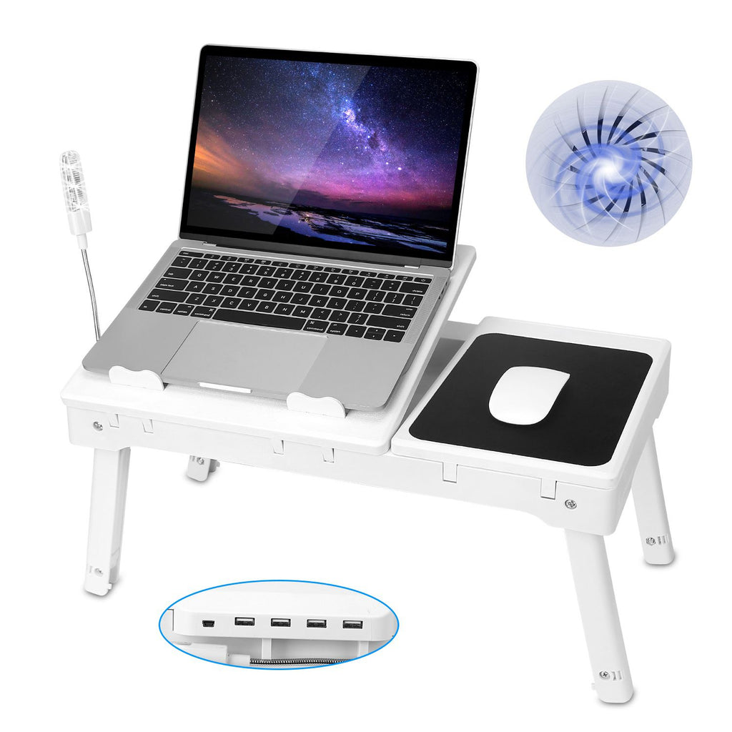 Foldable Laptop Table Bed Notebook Desk w/Cooling Fan Mouse Board LED light 4 x USB Ports Breakfast Snacking Tray with Storage Groove For Home Office Use