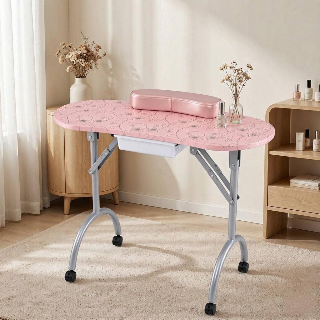 Foldable Portable Manicure Table with Drawer And Cushion on Casterswith Storage