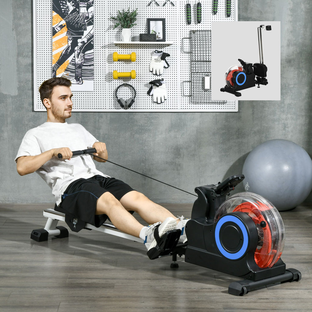Foldable Rower Machine, Water Rowing Machine with Wheels, LCD Monitor and Tablet Holder for Cardio Training, White