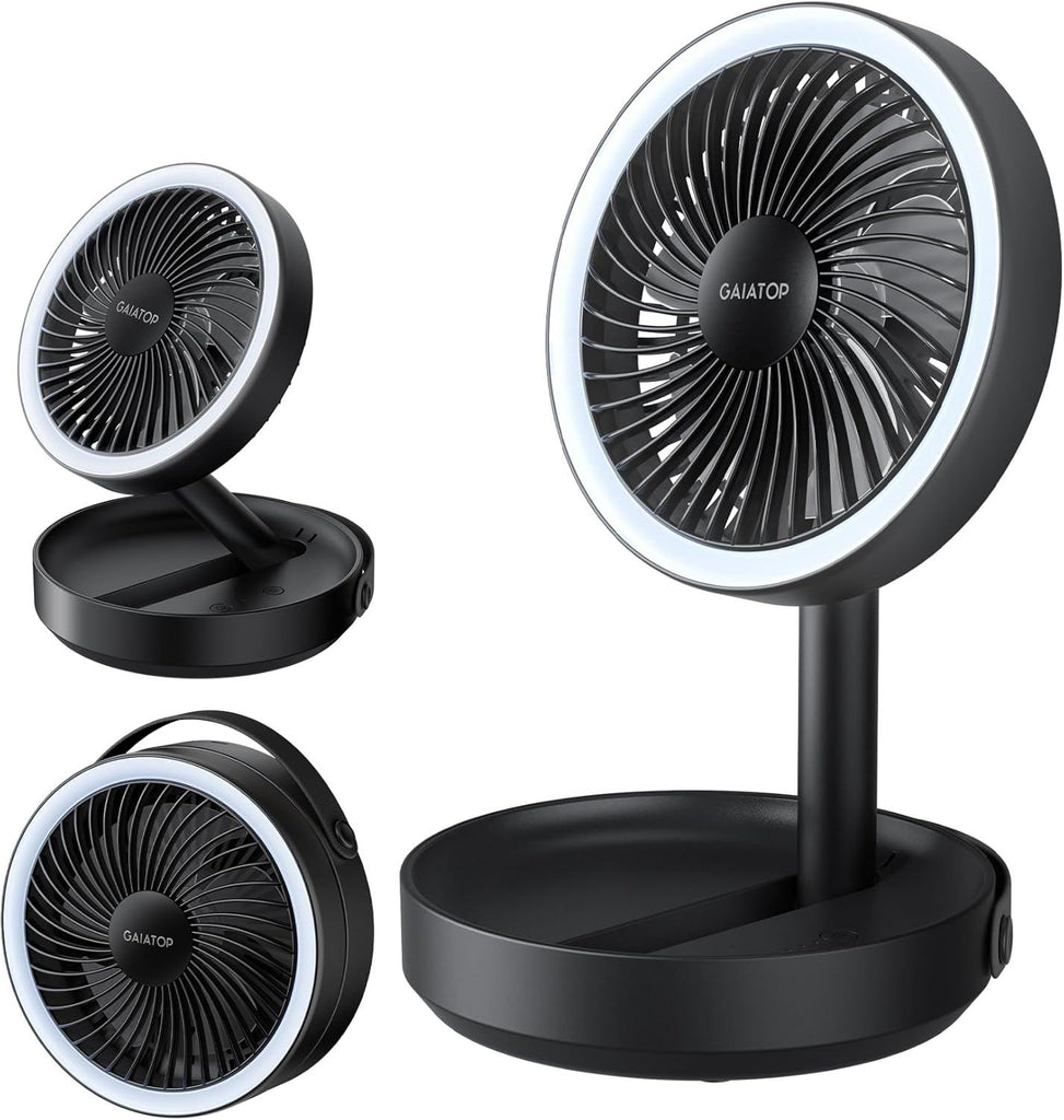 Foldable Small Desk Fan with LED Night Light, 6.8in Wireless 6000mAh Battery Powered Portable Fan USB Rechargeable, Bedroom Office Dorm Camping Travel Cruise Essentials, Gifts for Women Men