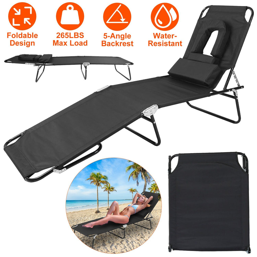 Folding Beach Lounge Chair Face Down Tanning Chaise Sunbathing Recliner 265LBS Max Load with 5-Angle Backrest 3 Removable Pillows for Beach Pool Lawn Yard Patio Office Nap Camping GPCT5426