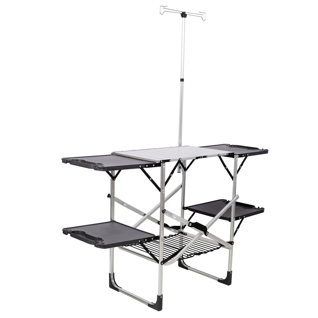Folding Camping Kitchen Table, Portable Outdoor Cooking Station with Heat Resistant Top, 4 Side Tables & Lower Storage Rack for Picnic, Tailgating & C