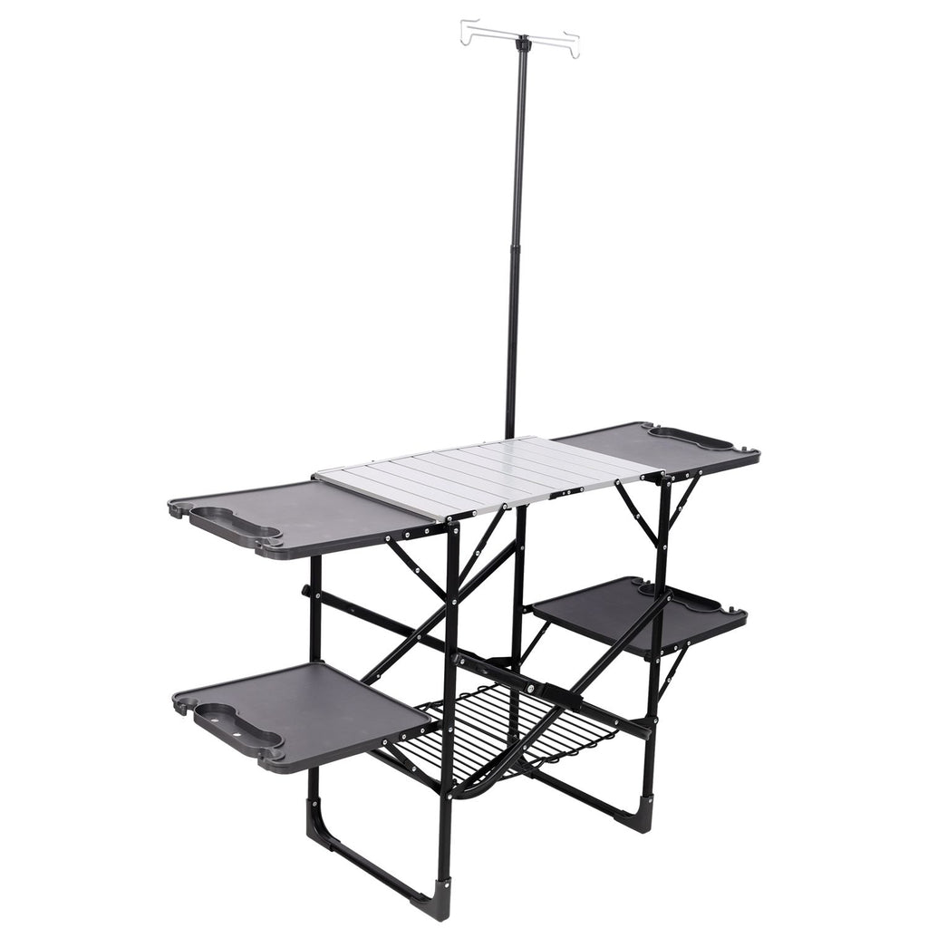 Folding Camping Kitchen Table, Portable Outdoor Cooking Station with Heat Resistant Top, 4 Side Tables & Lower Storage Rack for Picnic, Tailgating & C