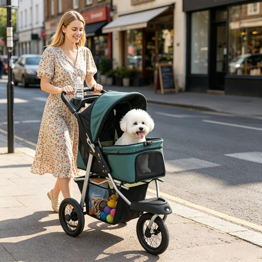 Folding car suitable for puppies, with 12 inch dark green rubber wheels, maximum weight capacity of 22 pounds