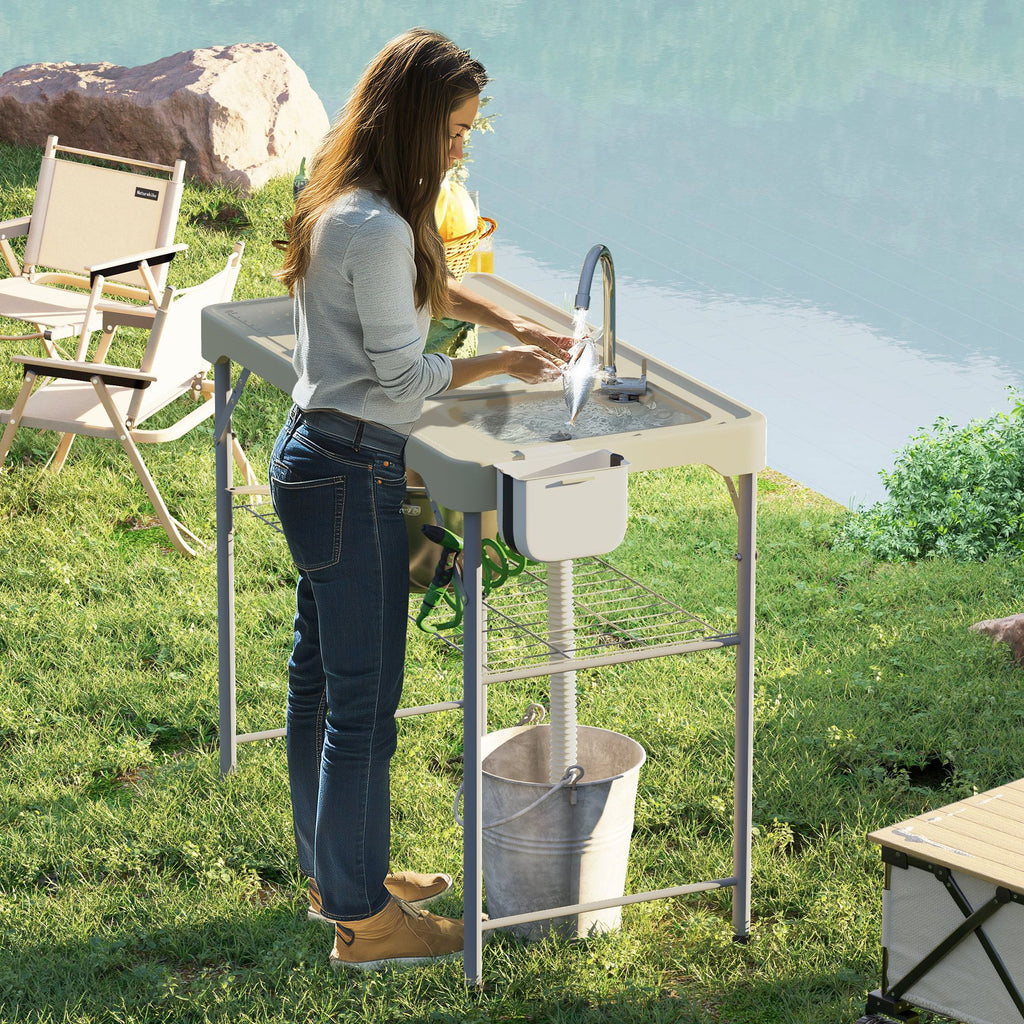 Folding Fish Cleaning Table with Sinks, Portable Camping Sink Table with Faucet, Drainage Hose, Sprayer, Shelf, Drawer and Storage Basket, Outdoor Fillet Table for Picnic Beach Patio, Tan