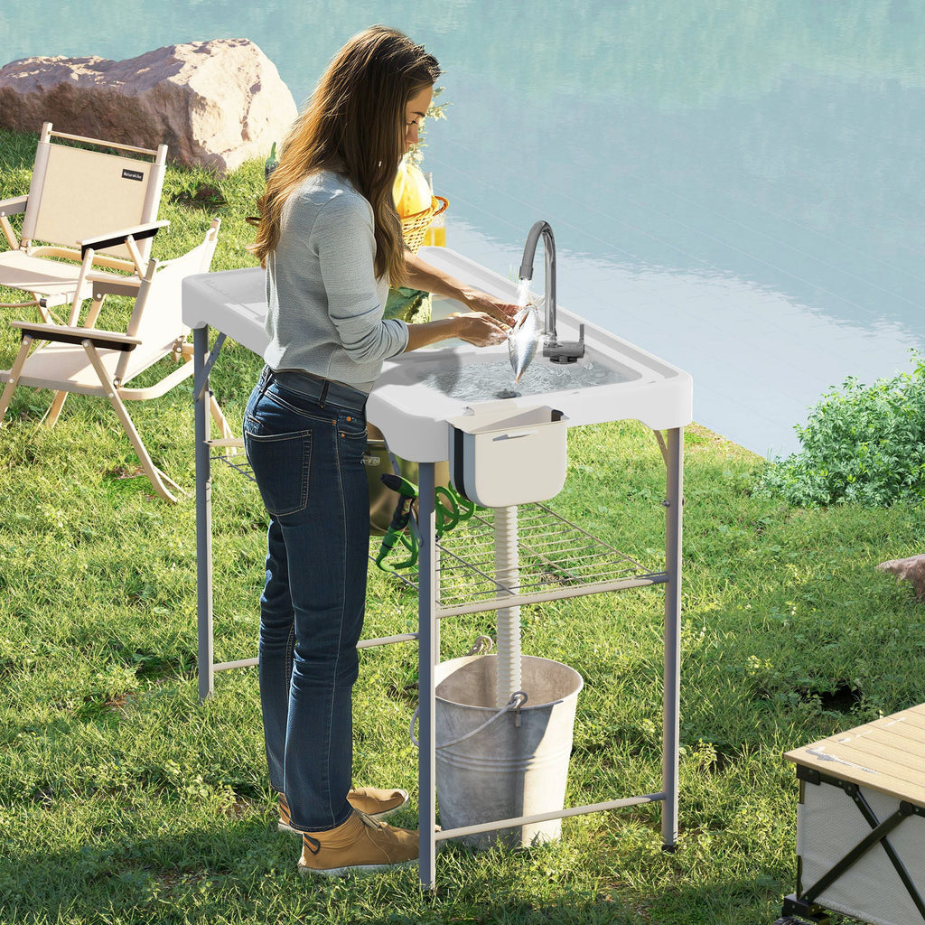 Folding Fish Cleaning Table with Sinks, Portable Camping Sink Table with Faucet, Drainage Hose, Sprayer, Shelf, Drawer and Storage Basket, Outdoor Fillet Table for Picnic Beach Patio, White