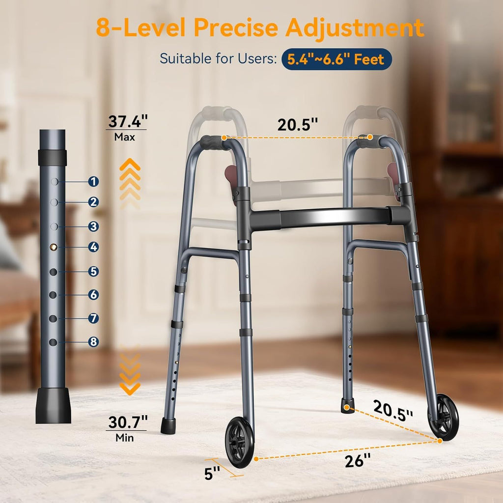 Folding Walker for Seniors, Rolling Walker with 8 Height Adjustments, One-Hand Folding, 300lbs Capacity, Lightweight Aluminum Front Wheel Walker for Elderly Adults and Handicap