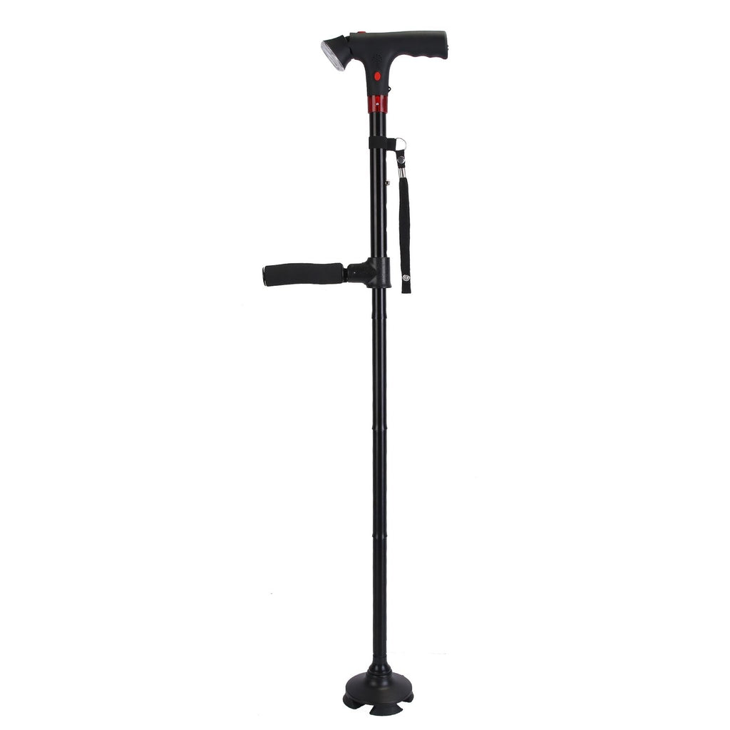 Folding Walking Cane with LED Light Red Flashing Light SOS Warning Tone 5 Adjustable Height Pivoting Quad Base Collapsible Portable Lightweight Walking Stick For Man Woman