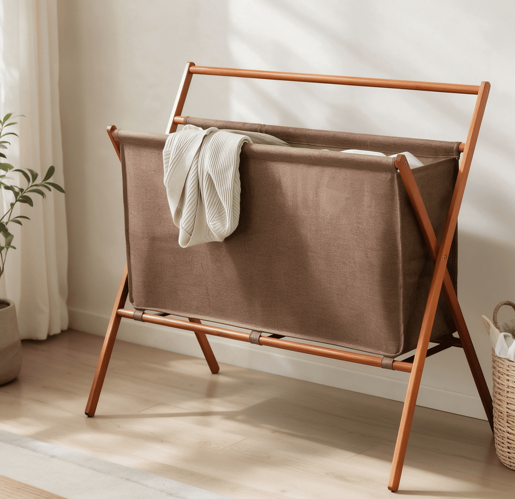 Folding Wooden Laundry Hamper, Large Fabric Clothes Storage Basket for Bathroom