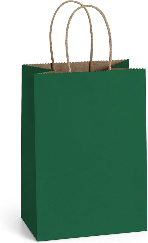 Forest Green Gift Bags with Handles 5.25x3x8 Inch 25Pcs Small Kraft Paper Gift Bags for Christmas, Thanksgiving, Craft, Outings, Party Favors, Retail, Grocery, Recyclable