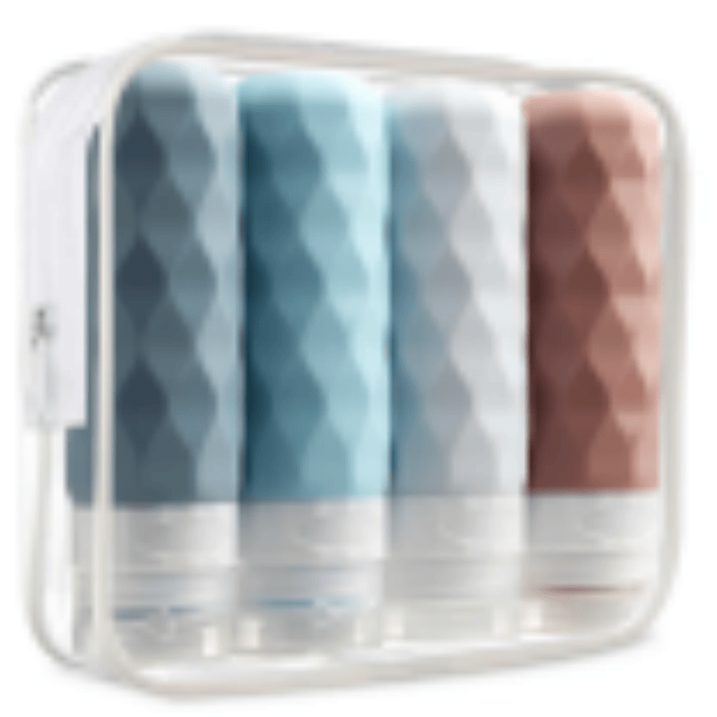 Four piece travel silicone bottle set, leak proof and portable, easy to pack cleaning and care products, essential for business trips and travel