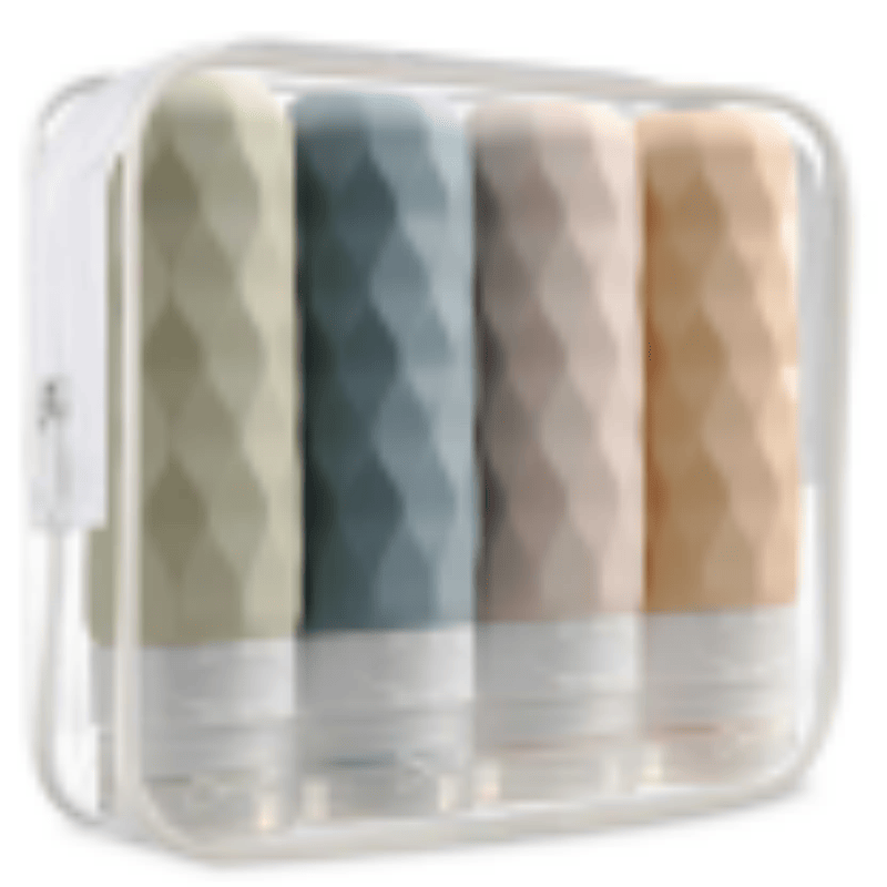 Four piece travel silicone bottle set, leak proof and portable, easy to pack cleaning and care products, essential for business trips and travel