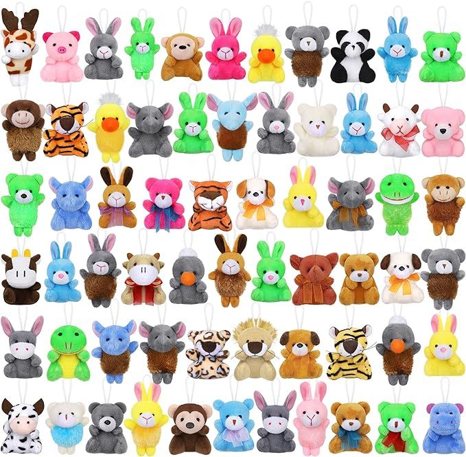 Fovths 64 Pieces Mini Plush Animals Toys Set Cute Small Stuffed Animal Keychain Jungle Animal Decor Goodie Bag Basket Fillers for Birthday Christmas Party