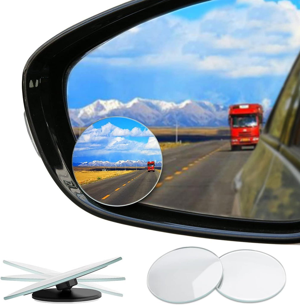 Frameless Wide Angle Mirror - Adjustable Round HD Glass Convex Rear View Mirror - 360 Rotate for Car, SUV & Trucks - Stick On Design - 2 Pack