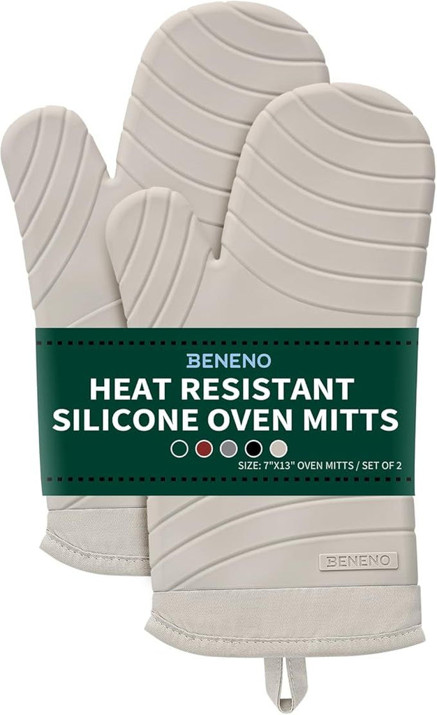 Free Silicone Oven Mitts, Heat Resistant Waterproof Oven Mitts with Non-Slip Textured Grip, Comfortable Quilted Lining, Kitchen Pot Holders for Cooking, Baking, Grilling, 7"x13", 2Pcs Beige