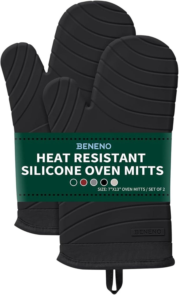 Free Silicone Oven Mitts, Heat Resistant Waterproof Oven Mitts with Non-Slip Textured Grip, Comfortable Quilted Lining, Kitchen Pot Holders for Cooking, Baking, Grilling, 7"x13", 2Pcs Black