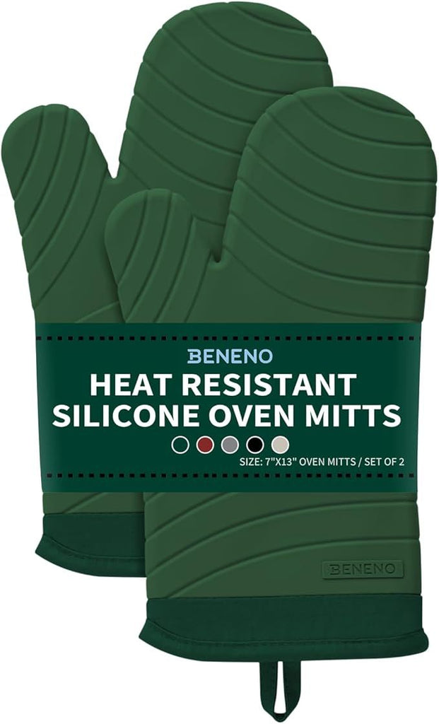 Free Silicone Oven Mitts, Heat Resistant Waterproof Oven Mitts with Non-Slip Textured Grip, Comfortable Quilted Lining, Kitchen Pot Holders for Cooking, Baking, Grilling, 7"x13", 2Pcs Green