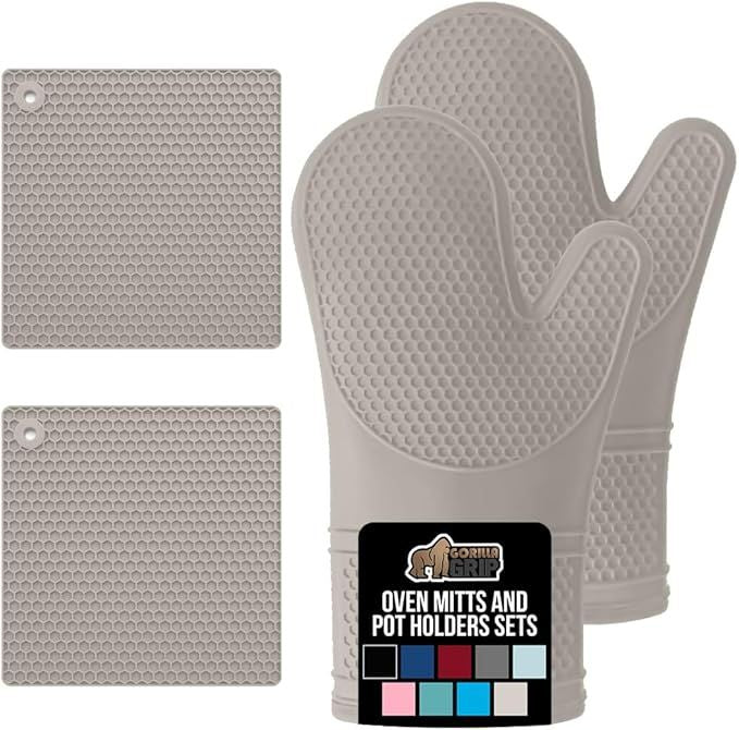 Free Soft Silicone Oven Mitts and Pot Holders Sets of 4, Heat Resistant Waterproof Cooking Gloves, Thick Cotton Lining, Flexible Gripping for Baking Grilling, Kitchen Trivets, Almond